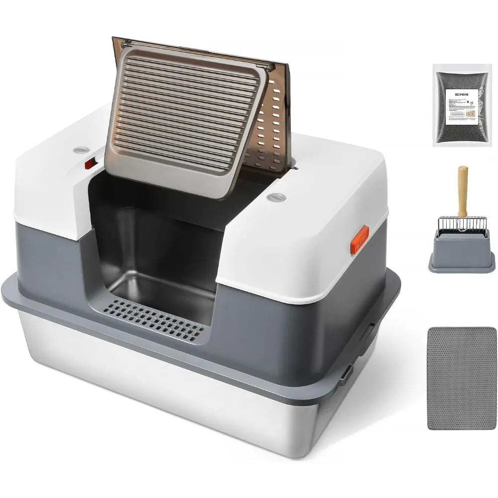 Cat Litter Box Enclosed with Lid, Covered Metal Kitty Litter Box with Litter Mat and Odor Reduction Pack(2kg)