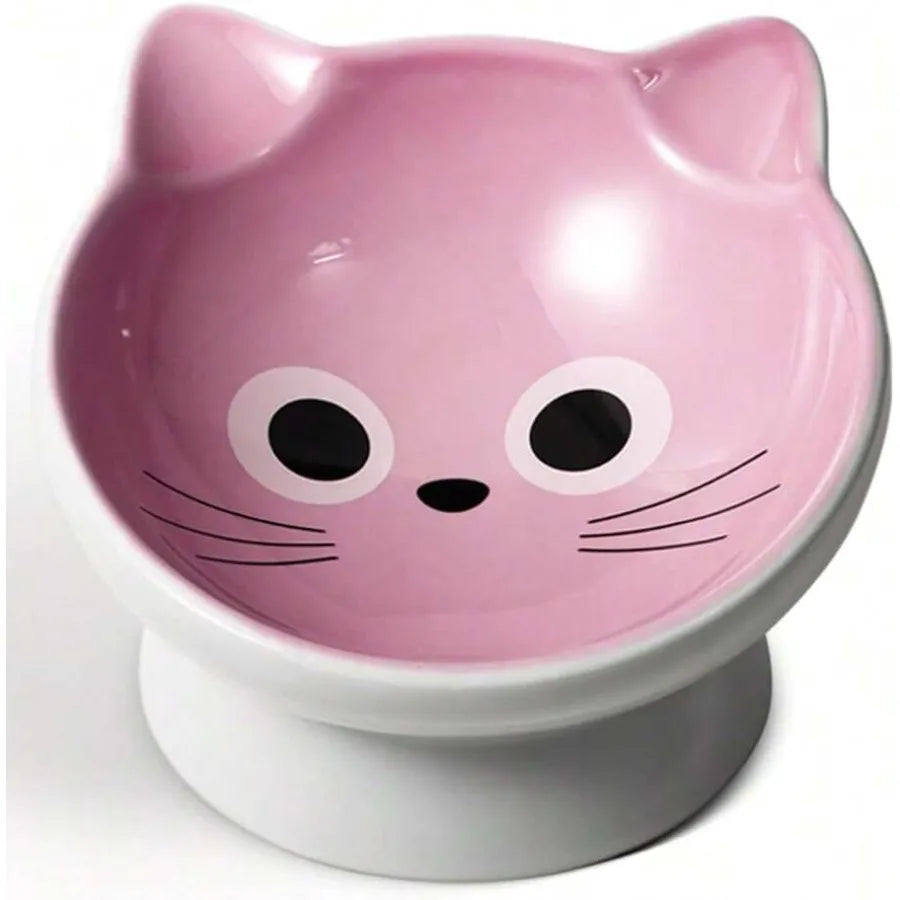 【New Arrival】Cute Cat Face Elevated Ceramic Cat Bowl, Tilted Pink Feeder with Raised Stand, Anti-Vomiting for Cats & Small Dogs