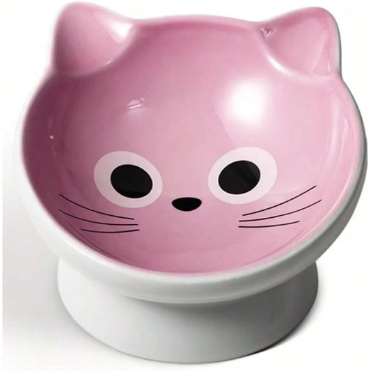 【New Arrival】Cute Cat Face Elevated Ceramic Cat Bowl, Tilted Pink Feeder with Raised Stand, Anti-Vomiting for Cats & Small Dogs