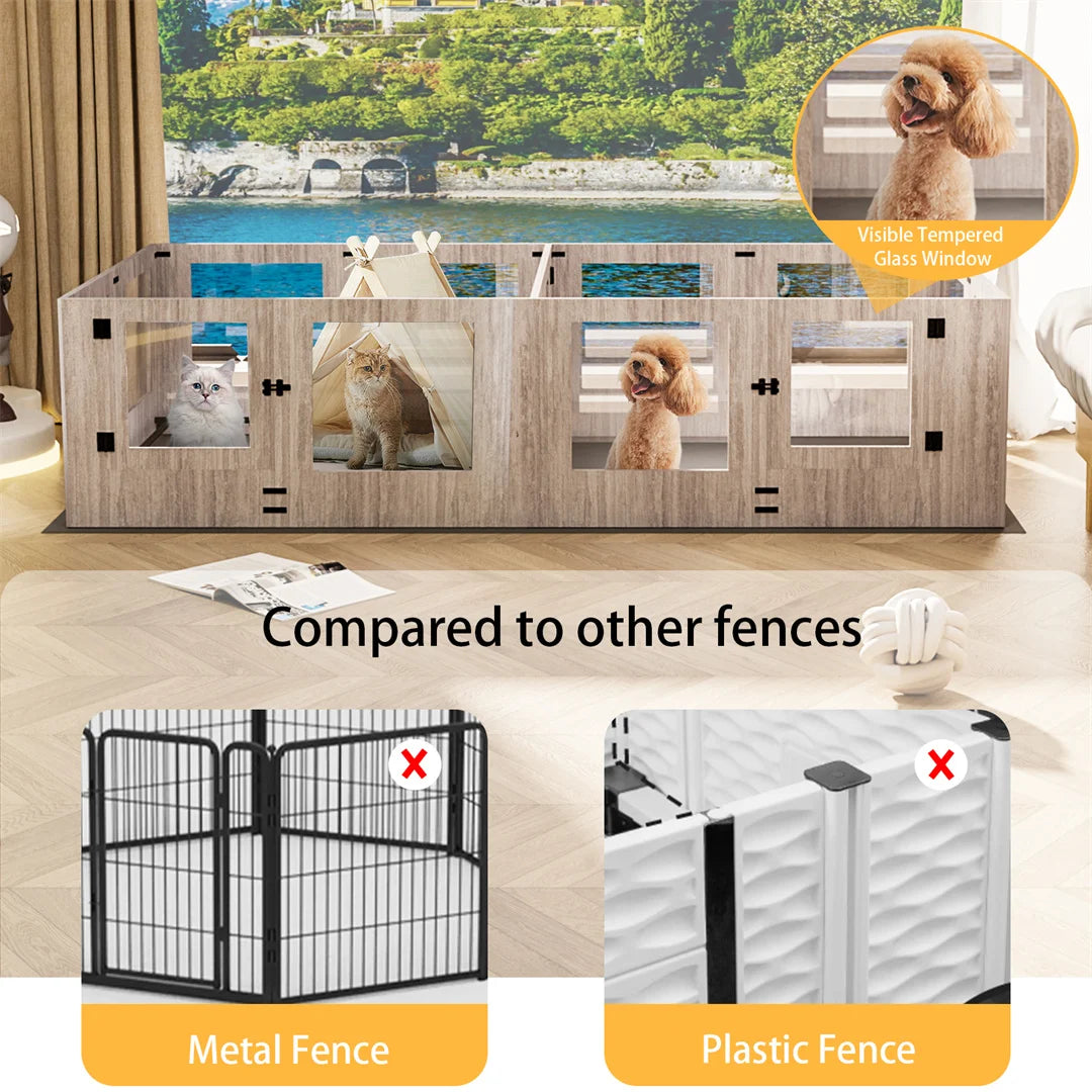 Tempered Glass Pet Whelping Box with Waterproof Fertility Pad Dog Playpen Exercise Cage for Puppies