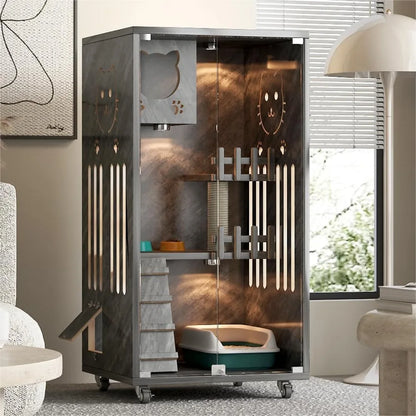 Wooden Cat House Large Space Cat Cage with Scratching Post, Wooden Indoor/Outdoor Cat Enclosure with Wheels, Multi-Feature Enclo