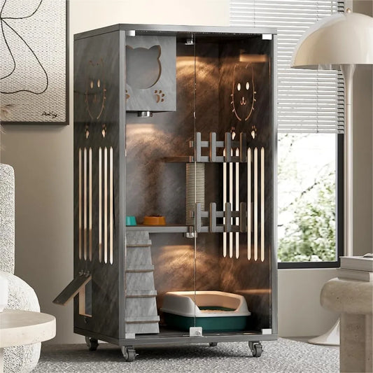 Wooden Cat House Large Space Cat Cage with Scratching Post, Wooden Indoor/Outdoor Cat Enclosure with Wheels, Multi-Feature Enclo