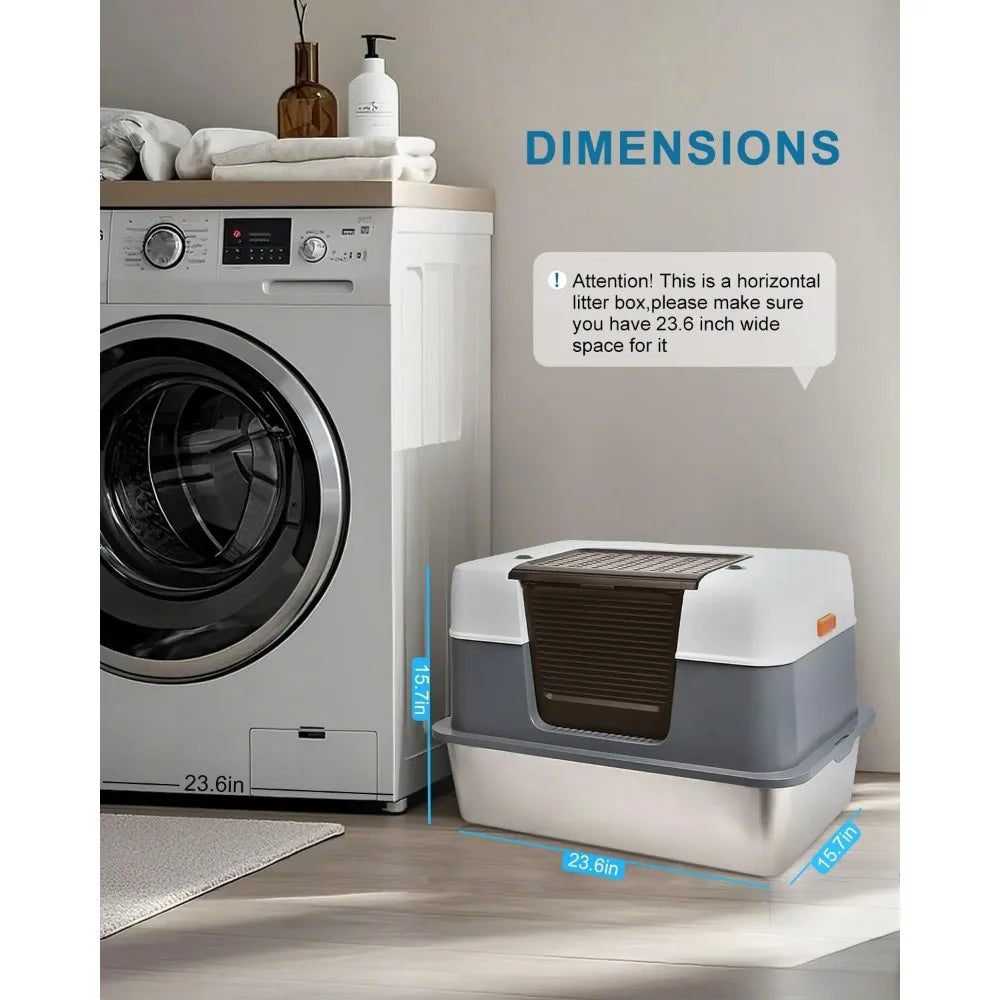 Cat Litter Box Enclosed with Lid, Covered Metal Kitty Litter Box with Litter Mat and Odor Reduction Pack(2kg)