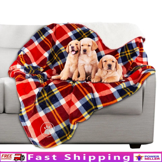 Waterproof Reversible Pet Blanket Furniture Protector Soft Sherpa Plaid Throw Machine Washable Dogs Cats Travel Home