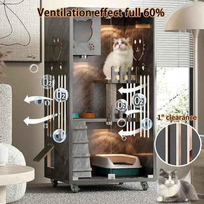 Wooden Cat House Large Space Cat Cage with Scratching Post, Wooden Indoor/Outdoor Cat Enclosure with Wheels, Multi-Feature Enclo