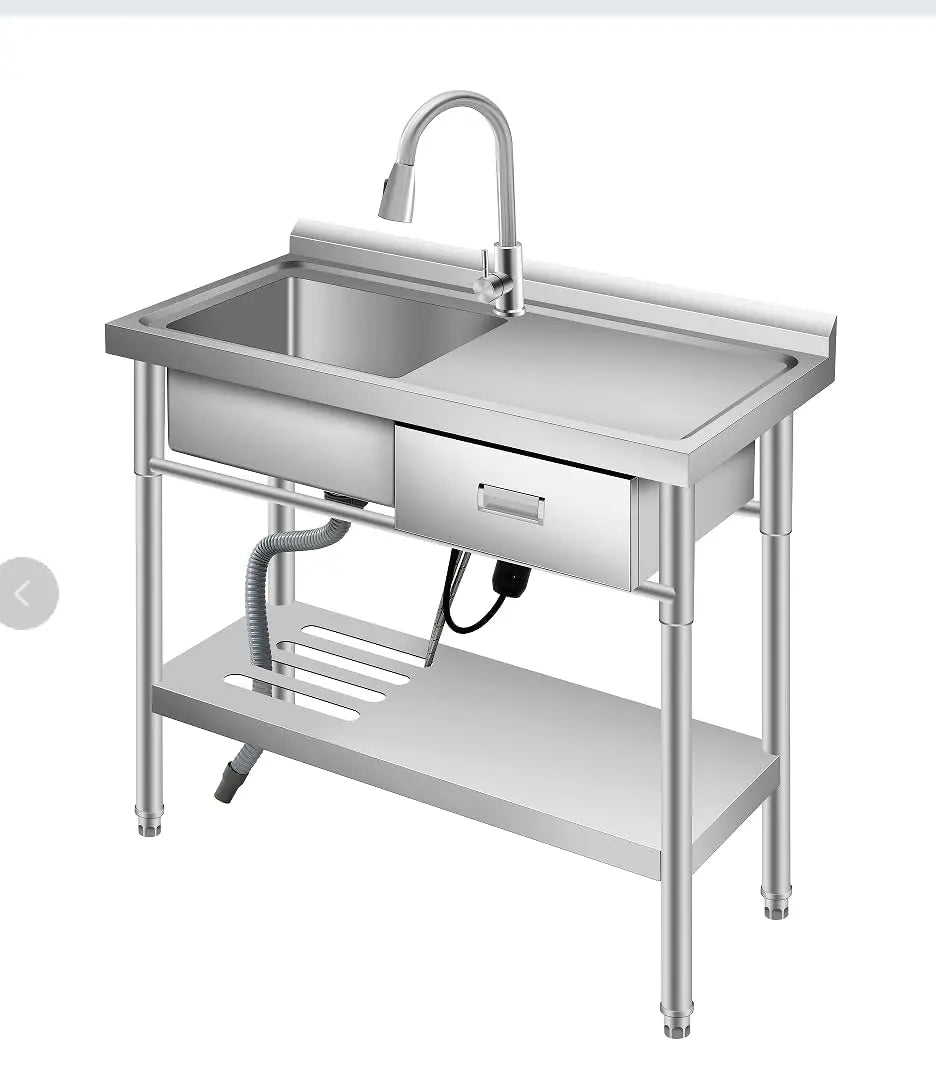 Stainless Steel Utility Sink with Drawer & Work Table 39x20in Laundry Sink with Pull Out Faucet For Kitchen Garage Shop Basement