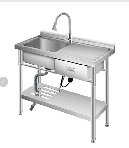 Stainless Steel Utility Sink with Drawer & Work Table 39x20in Laundry Sink with Pull Out Faucet For Kitchen Garage Shop Basement