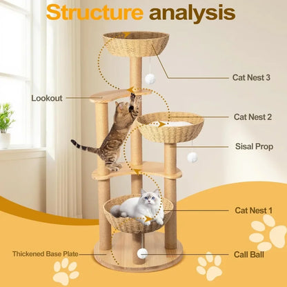 Modern Cats Tree Tower, Oak Wood Cat Tree for Large Cats with 3 Weaving Cat Nests, Multi-Level Cat Condo with 8 Scratching Posts