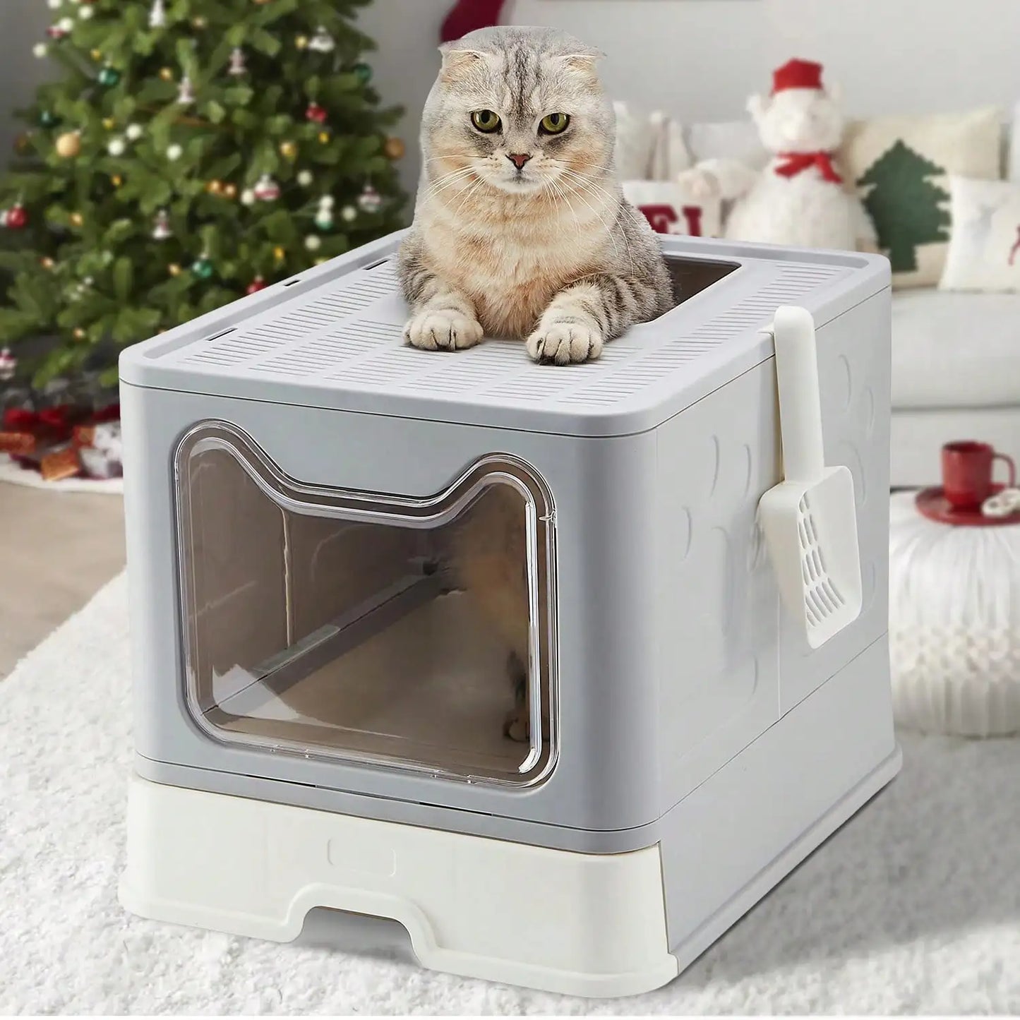 Convenient Foldable Litter Box: Drawer Design with Scooper for Easy Cat Waste Management