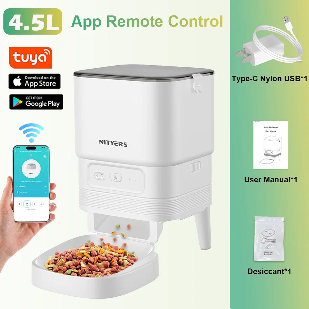 NITYERS 4.5L Automatic Cat Feeder, Timed Dog Food Dispenser with Stainless Steel Bowl, Smart Pet Feeder with Clog-Free Design, Voice Recorder, Dual Power Supply, Portion Control & Meal Planner for Cats and Small Dogs