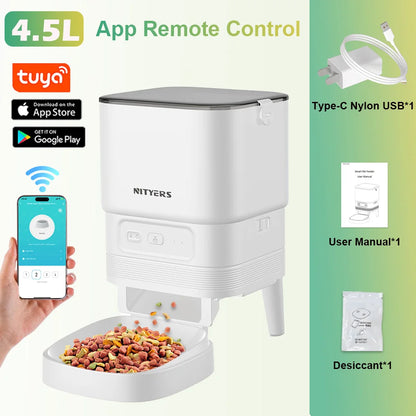 NITYERS 4.5L Automatic Cat Feeder, Timed Dog Food Dispenser with Stainless Steel Bowl, Smart Pet Feeder with Clog-Free Design, Voice Recorder, Dual Power Supply, Portion Control & Meal Planner for Cats and Small Dogs