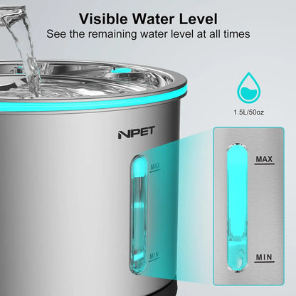 NPET Water Fountain Stainless Steel, 50oz/1.5L Dishwasher Safe Pet Water Fountain with Visible Window Light