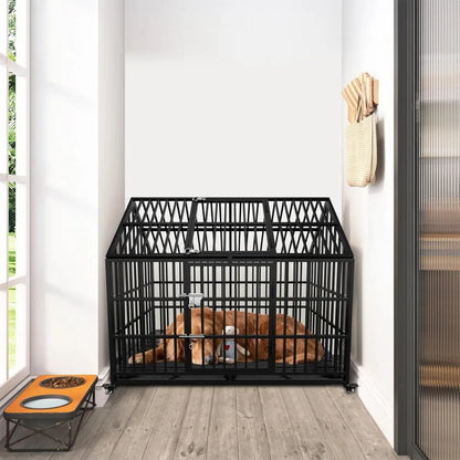 Heavy Duty Dog Crate for Large Giant Dogs, Metal Pet Cage Dog Kennel with Roof Strong Playpen, 54'' Dog Cage with Sturdy Latches