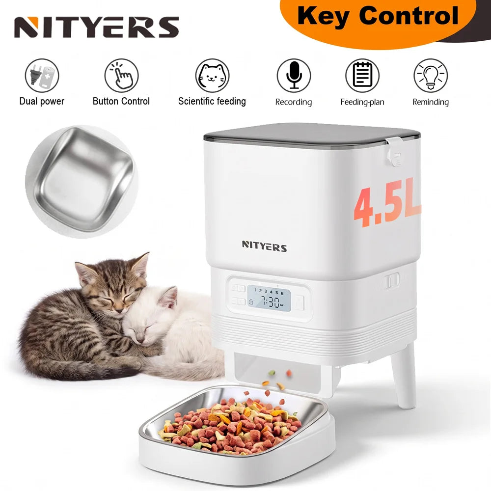 NITYERS 4.5L Automatic Cat Feeder, Timed Dog Food Dispenser with Stainless Steel Bowl, Smart Pet Feeder with Clog-Free Design, Voice Recorder, Dual Power Supply, Portion Control & Meal Planner for Cats and Small Dogs
