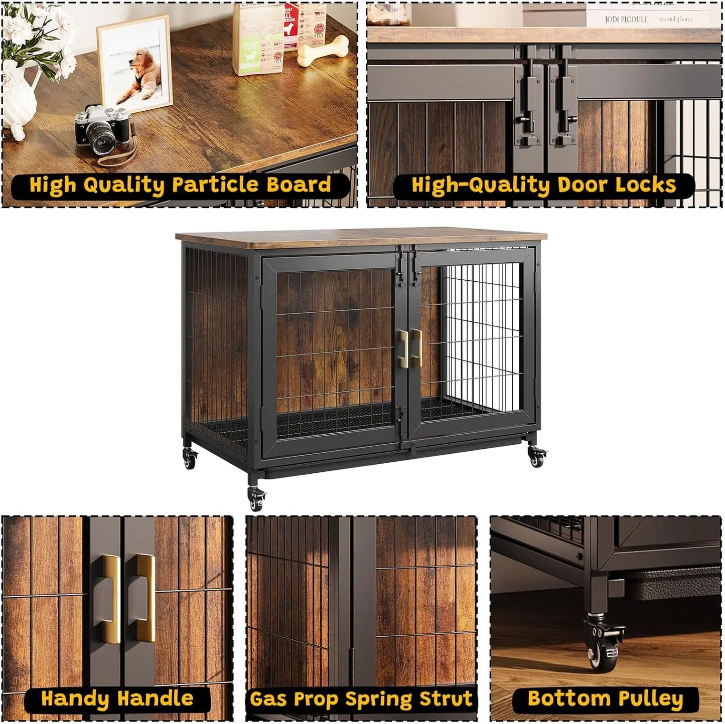 37.4 Inch Wooden Dog Crate Furniture for Small-Medium-Large Dogs, Heavy Duty Dog Kennel Furniture Indoor with Wheels