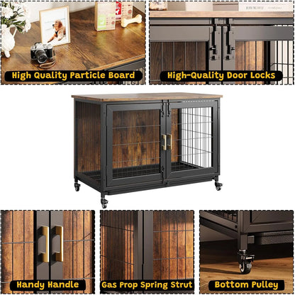 37.4 Inch Wooden Dog Crate Furniture for Small-Medium-Large Dogs, Heavy Duty Dog Kennel Furniture Indoor with Wheels