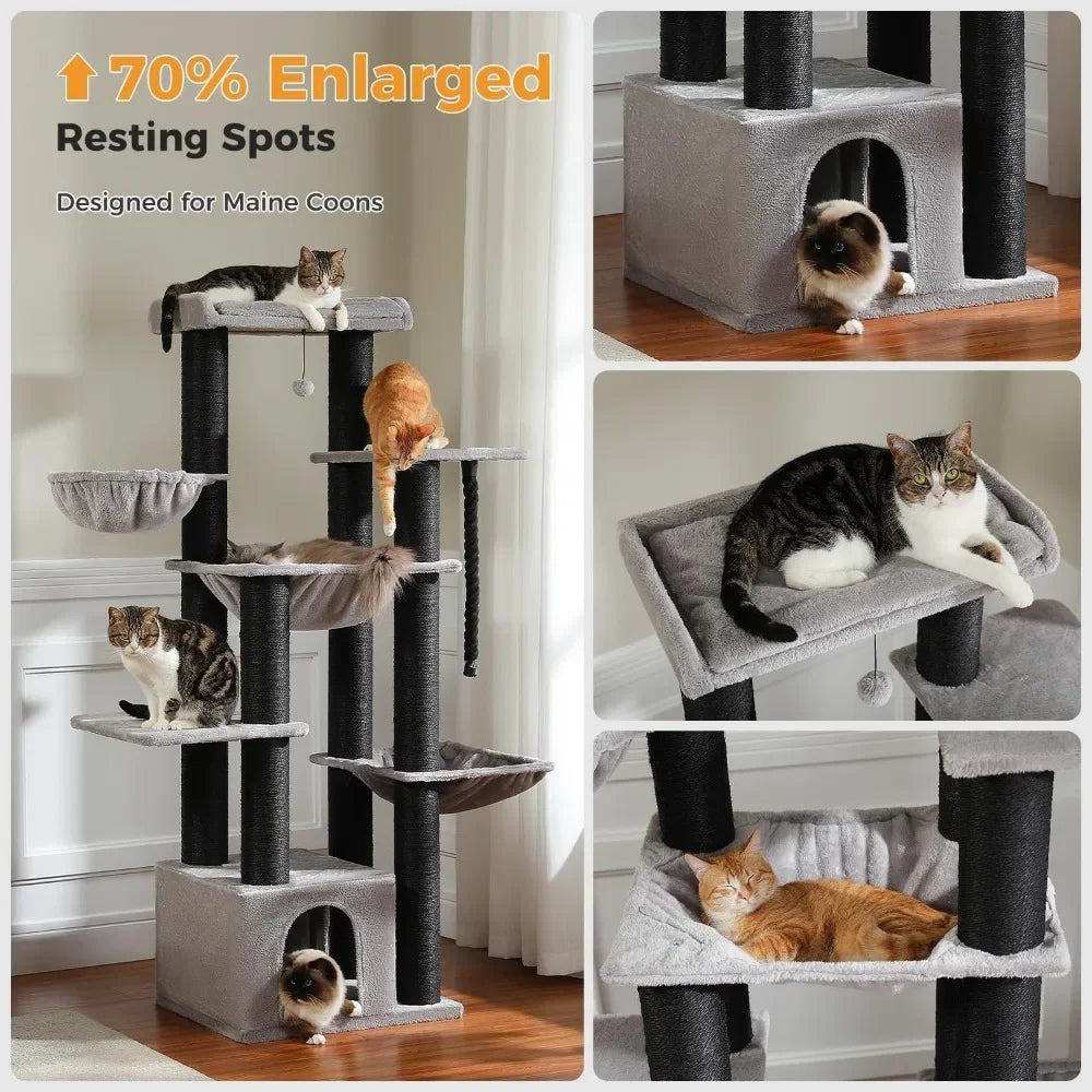 67" Large Cat Tree - Extra Tall Tower for Adult Cats with 13 Thick Scratching Posts & Multi-Level Condo