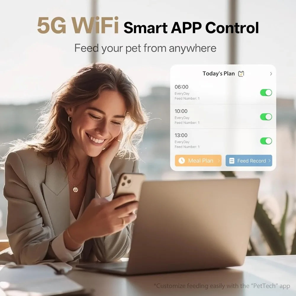 Automatic Cat Feeder WiFi- 5Ghz Cat Food Dispenser with APP Remote Control- Auto Pet Feeder for Small Dog Indoor- Easy to Set Up